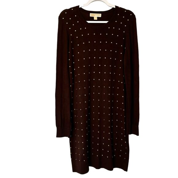Michael Kors Wms XL Brown LS Lightweight Midi Sweater Dress Gold Studded - Picture 1 of 10